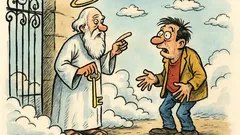 Banc: Sfântul Petru îl întreabă pe român