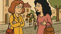 Banc: Două prietene discută despre flori ofilite