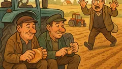 Banc: Doi tractoriști, în pauza de masă...